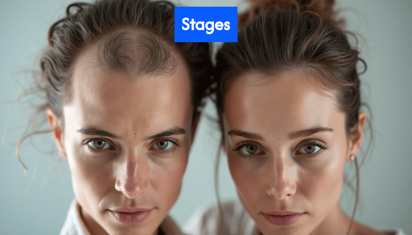 Close-up of man and woman hairline recession stages