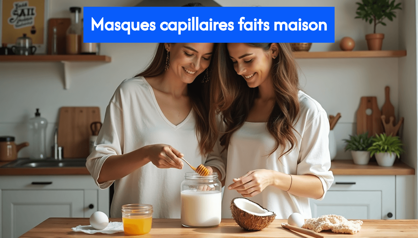 Friends mixing coconut milk hair mask ingredients in kitchen