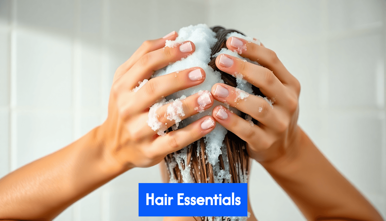 Hands shampooing hair in shower