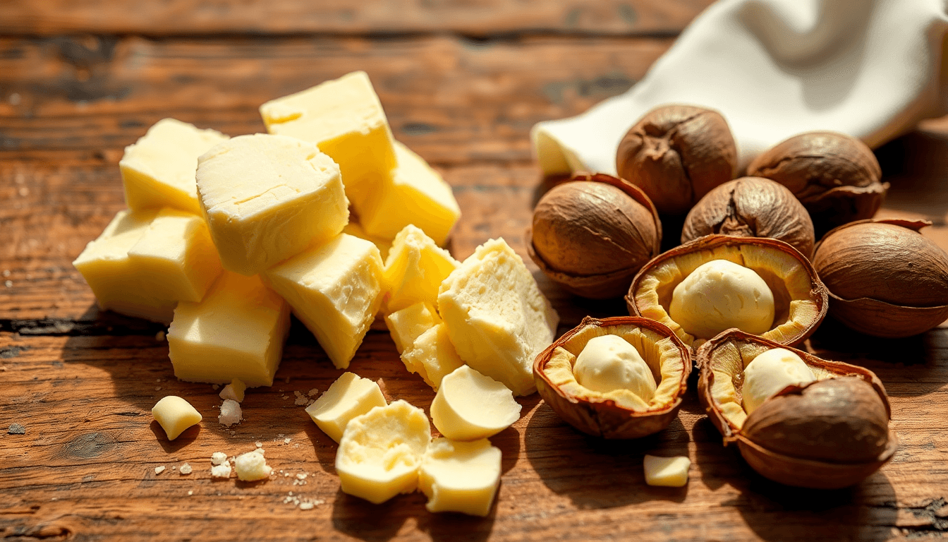 Unrefined shea butter and shea nuts on wood