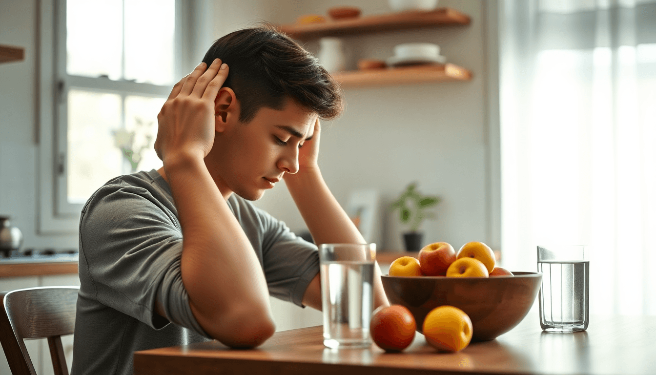 Person massaging scalp at breakfast table
