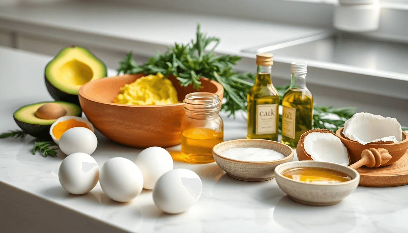 Kitchen counter with natural DIY hair mask ingredients