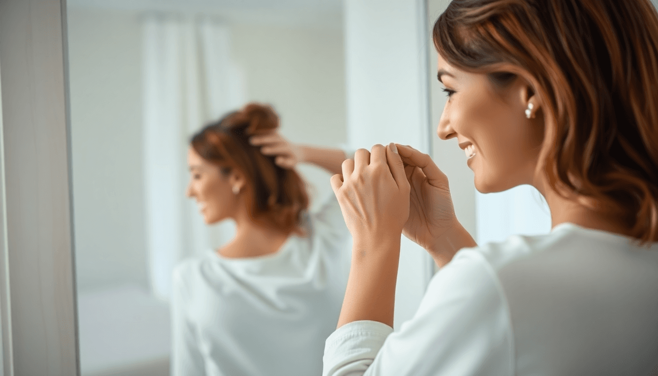 Woman smiling at new hair growth in mirror