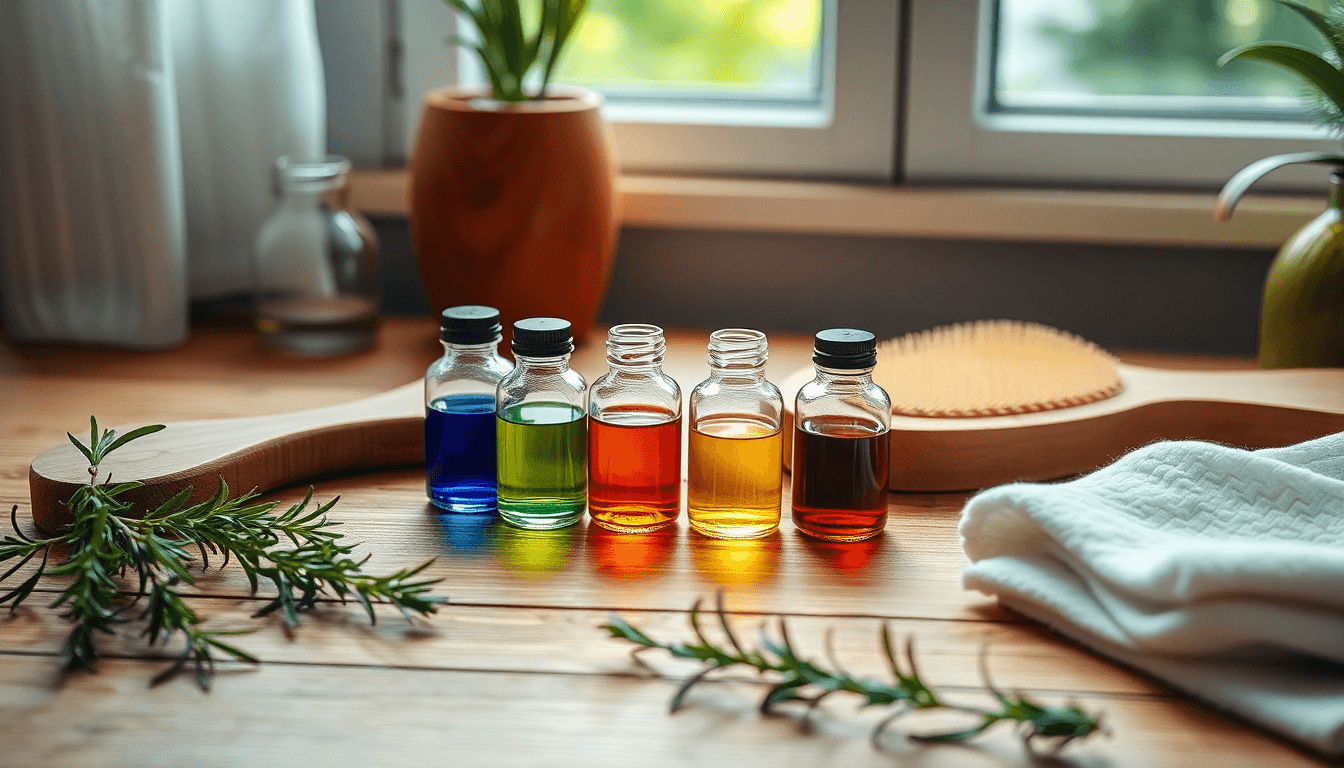 Bottles of natural oils and hair care accessories