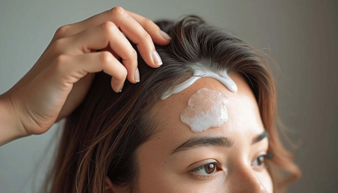 Person applying topical hair treatment to scalp.