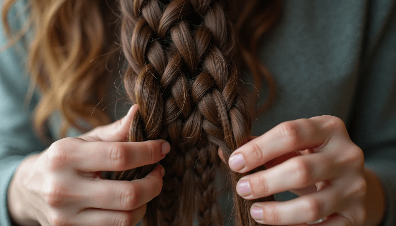Hands braiding a section of hair.