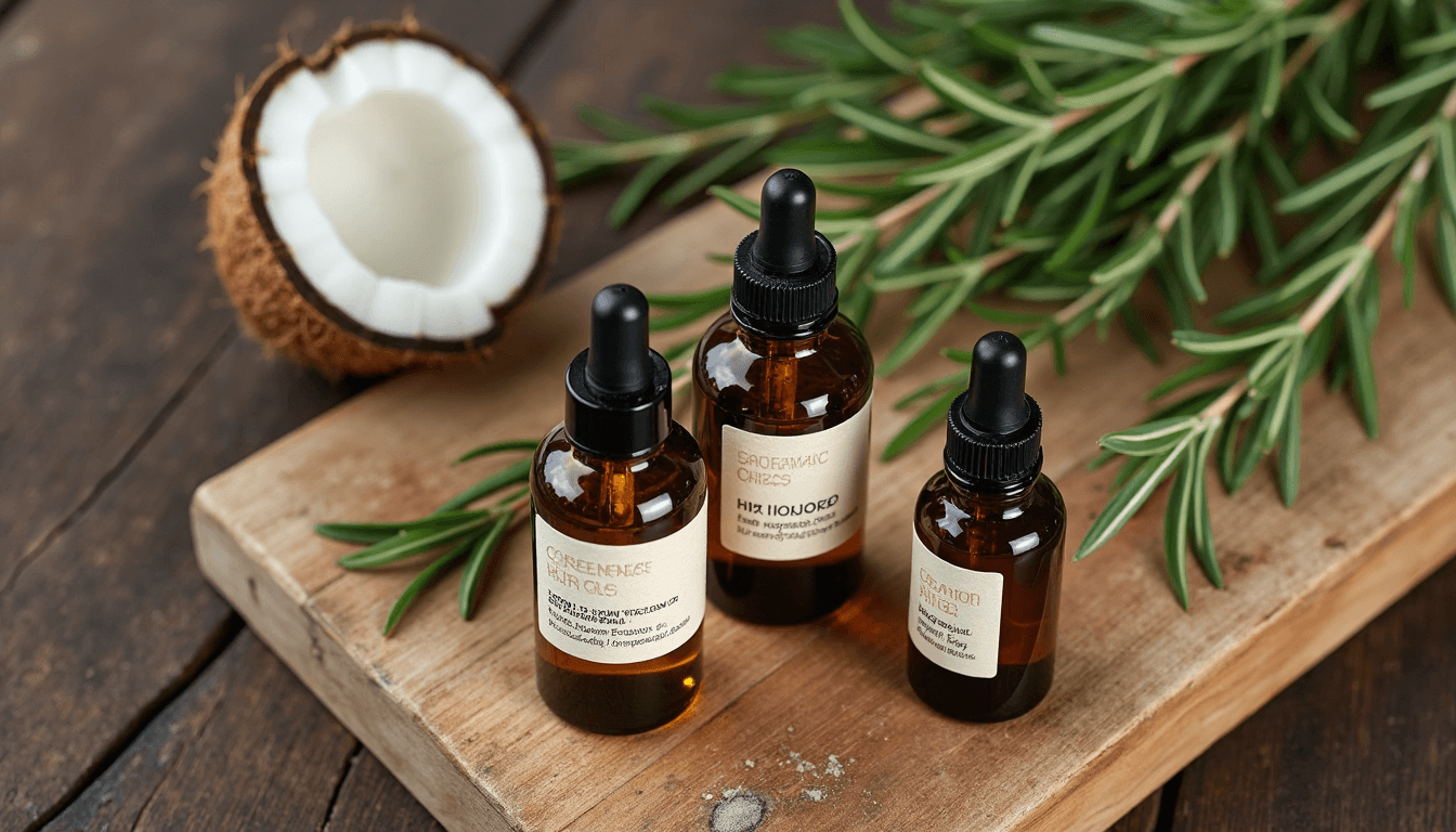 Small bottles of different hair oils displayed.