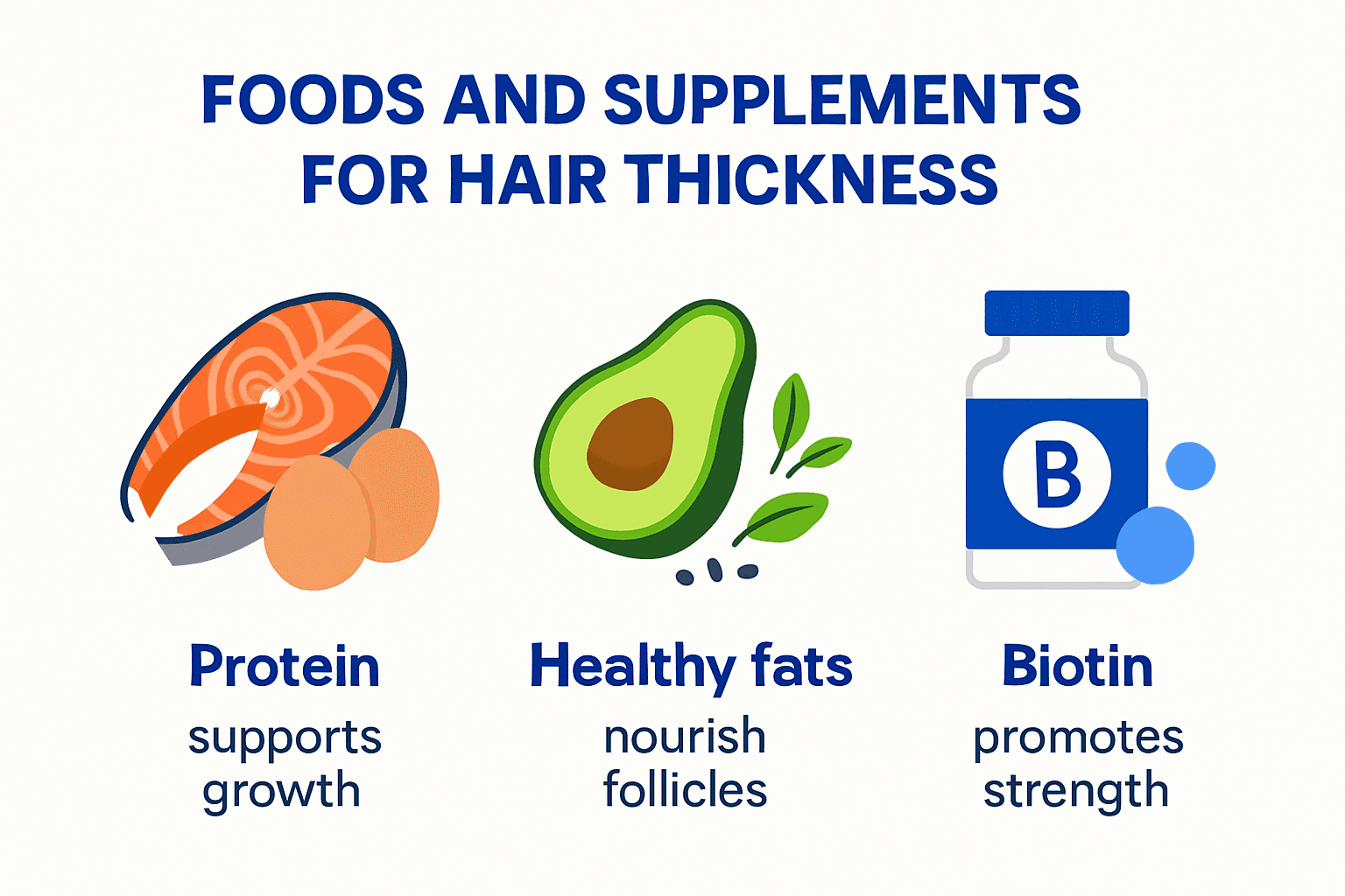 Infographic showing foods and supplements for hair thickness
