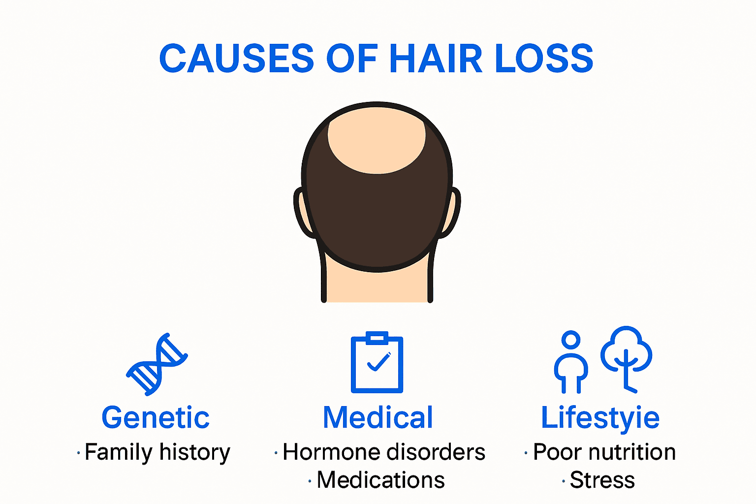 Infographic showing causes of bald spot on head.