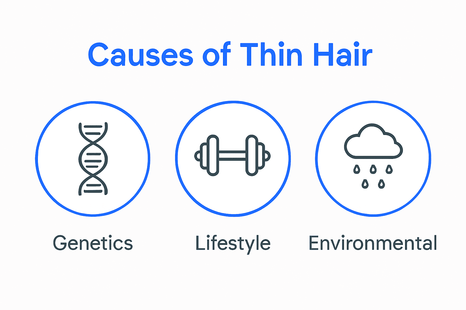 Thin hair causes infographic showing genetic, lifestyle, and hormonal factors