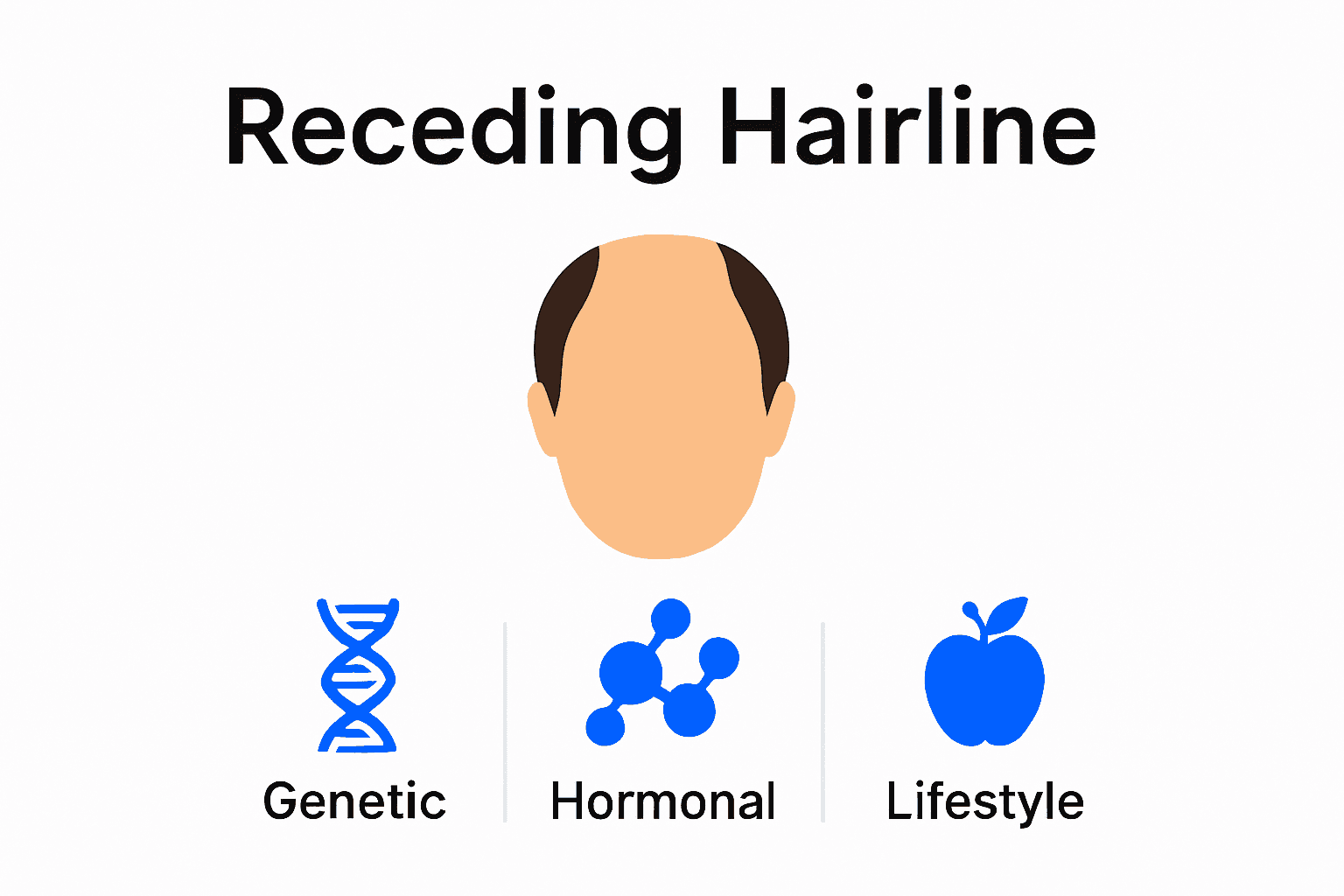 Infographic showing causes of receding hairline by genetics, hormones, and lifestyle