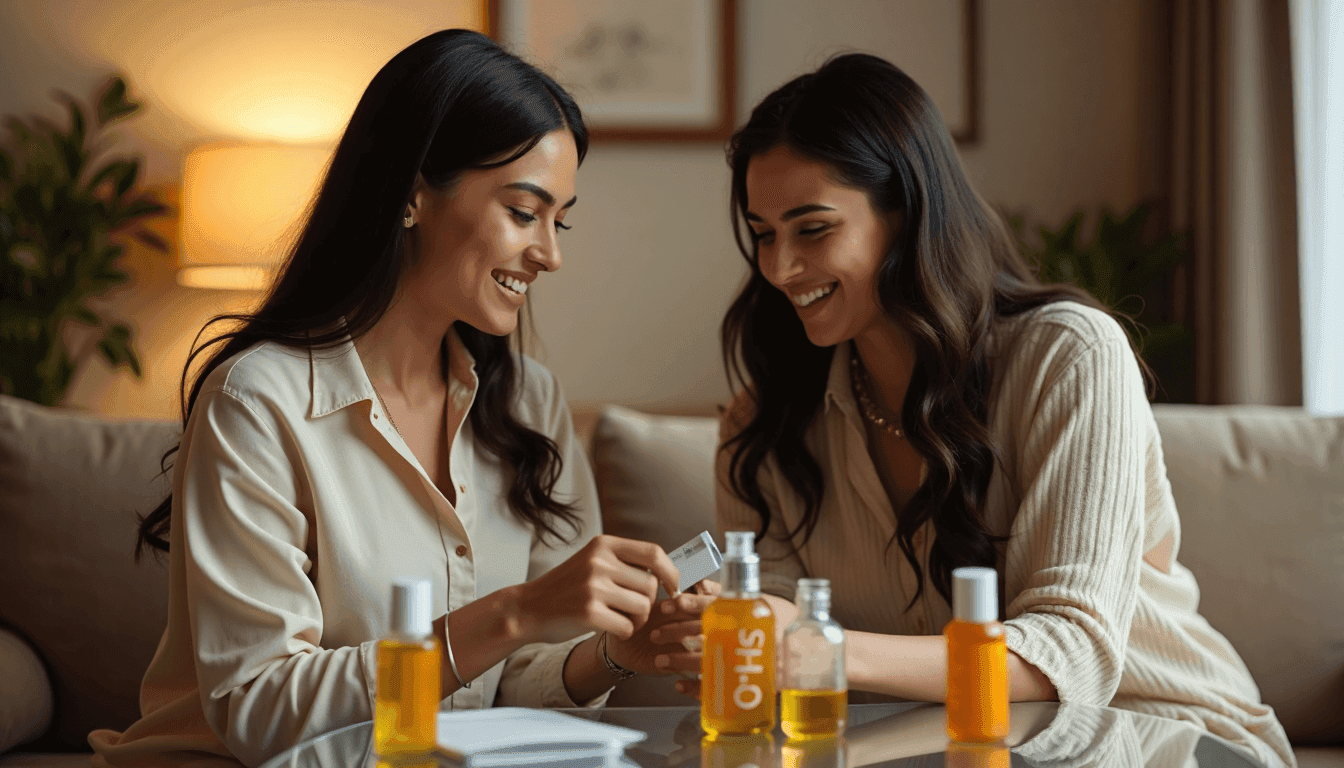 Friends applying Indian hair oil on couch with blue banner on table