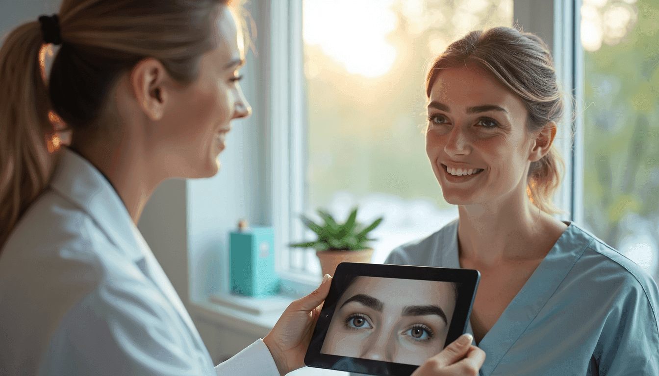 Dermatologist explains eyebrow scan results on tablet to patient