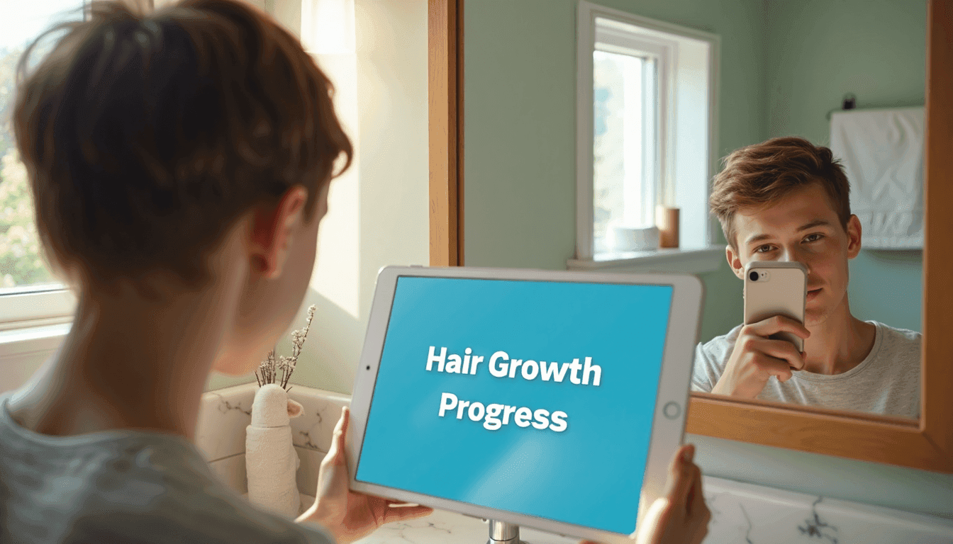 Person tracks hair growth with phone and tablet showing hair progress