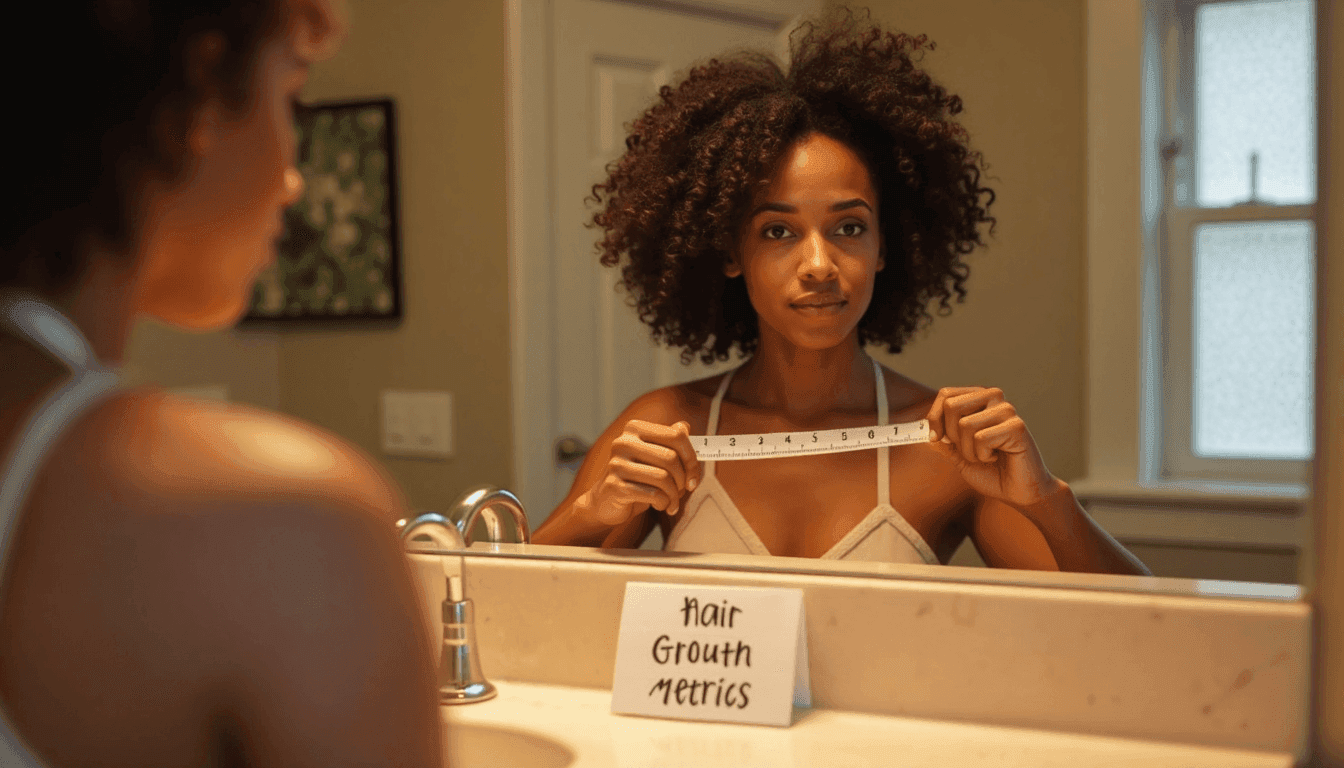 Person measuring hair growth with tape in bright bathroom