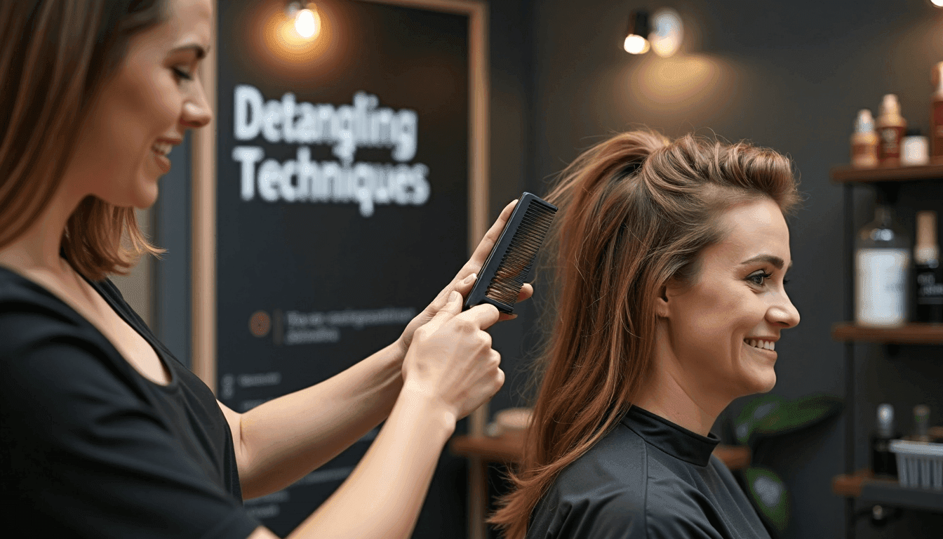 Stylist showing gentle detangling with comb in welcoming salon
