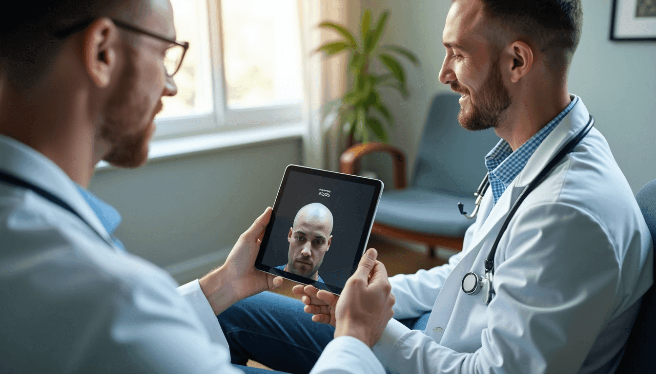 Dermatologist and patient discuss hair loss solutions with tablet