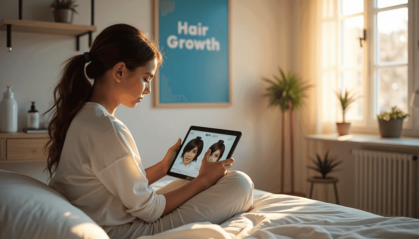 Young adult checks scalp data on tablet in sunny bedroom