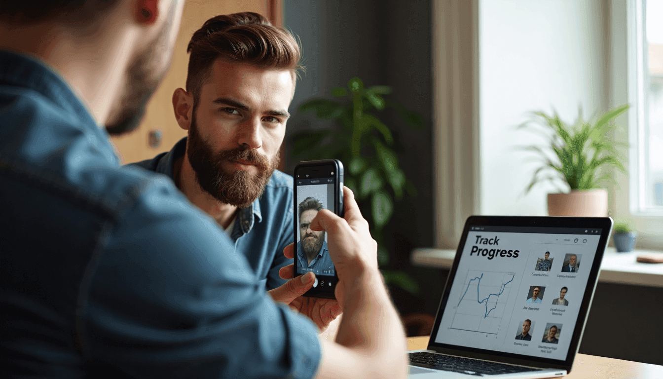 Man uses phone and laptop to track beard growth progress at desk.