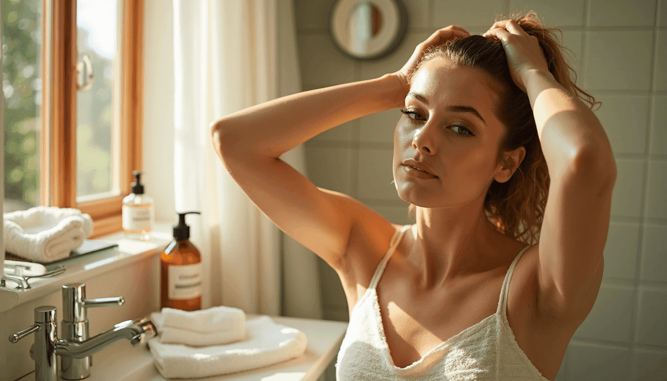 Person massaging olive oil into scalp before hair wash