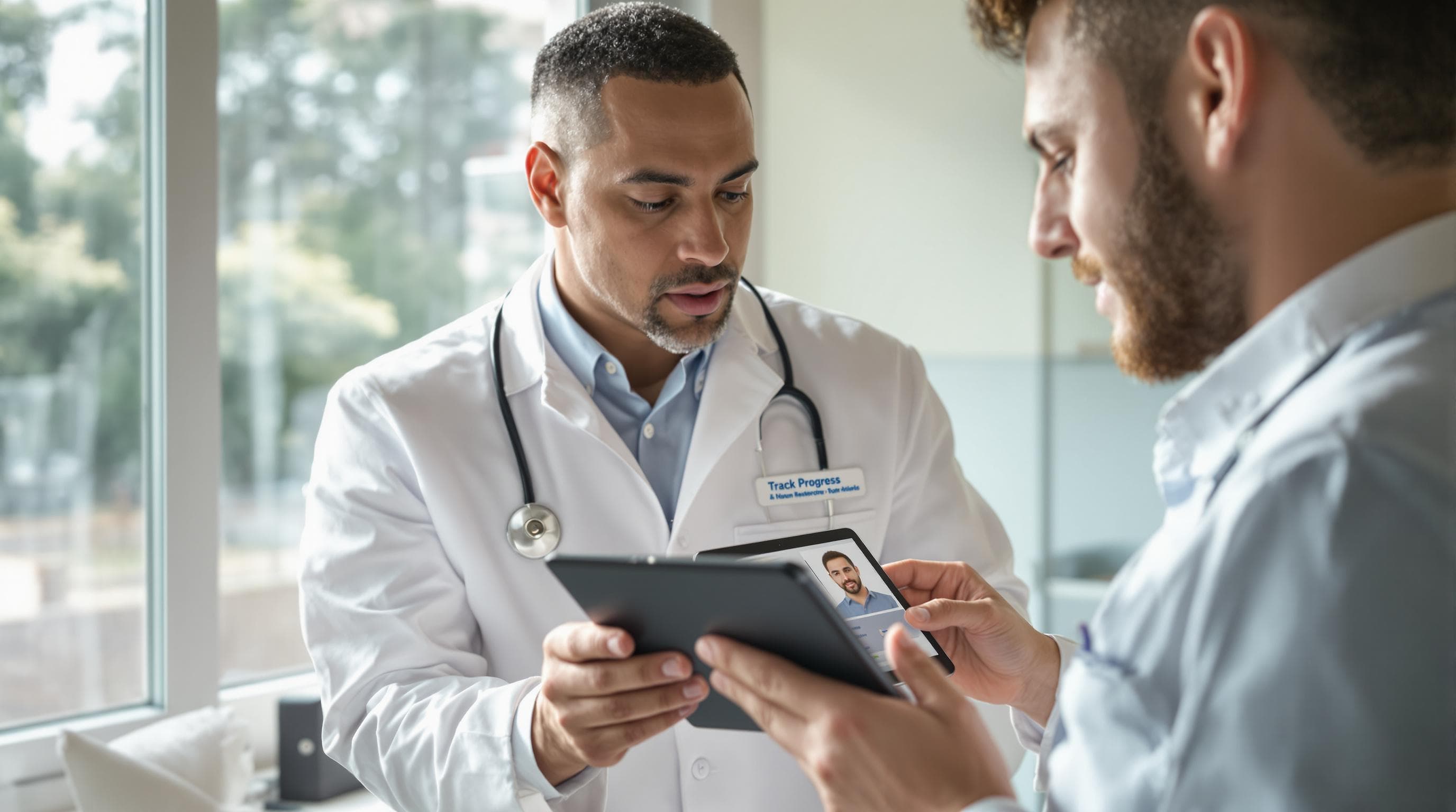 Doctor and patient review scalp tracking results on tablet in clinic.