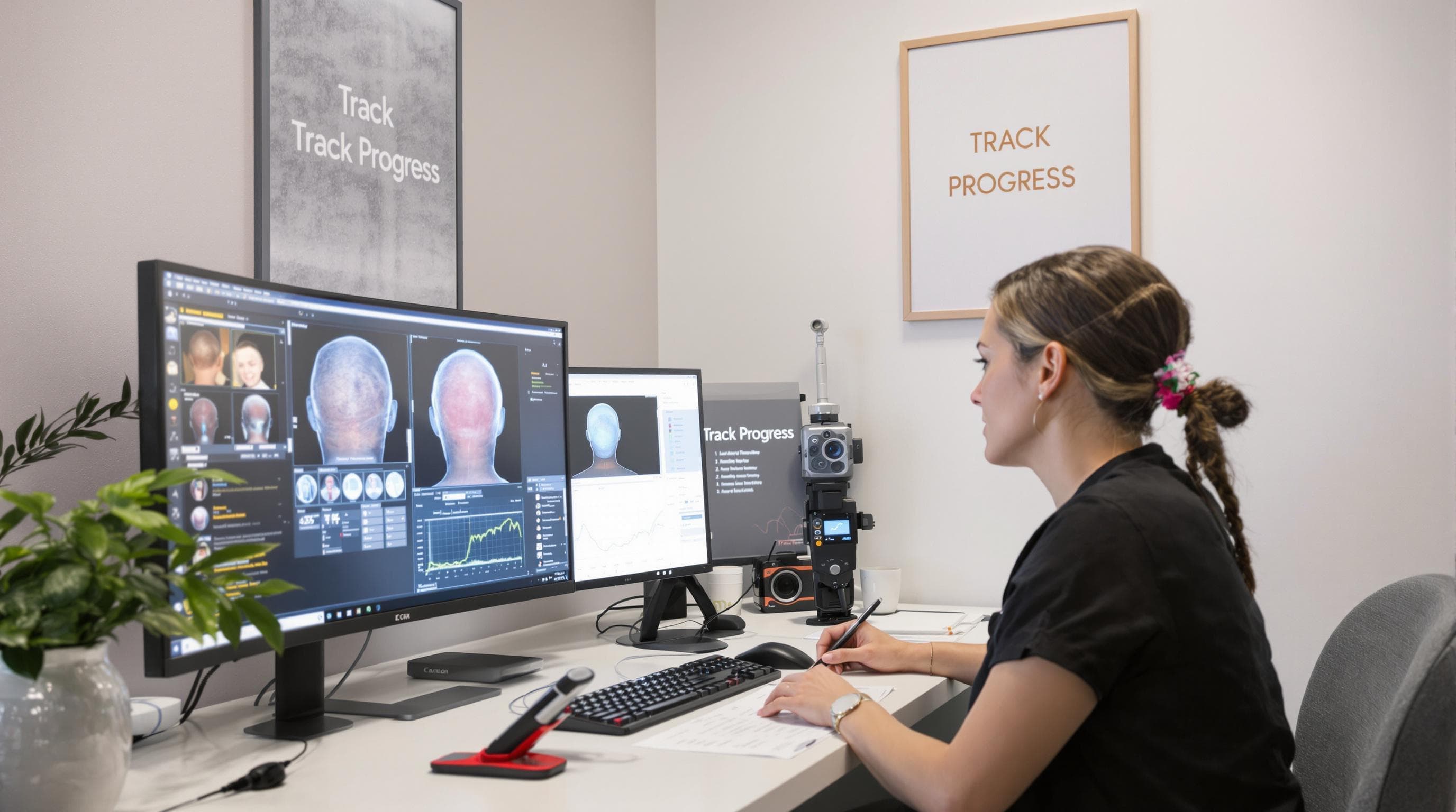 Hair clinic consult viewing digital scalp progress, 'Track Progress' on poster