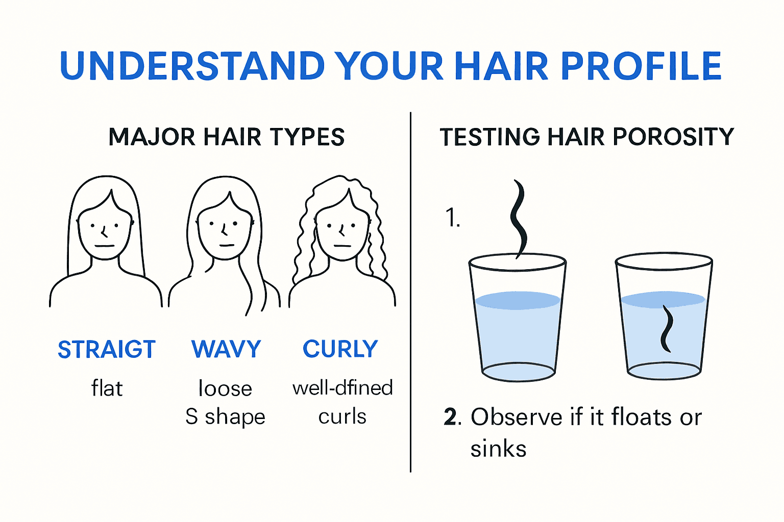 Infographic showing hair types and porosity test for long hair care.