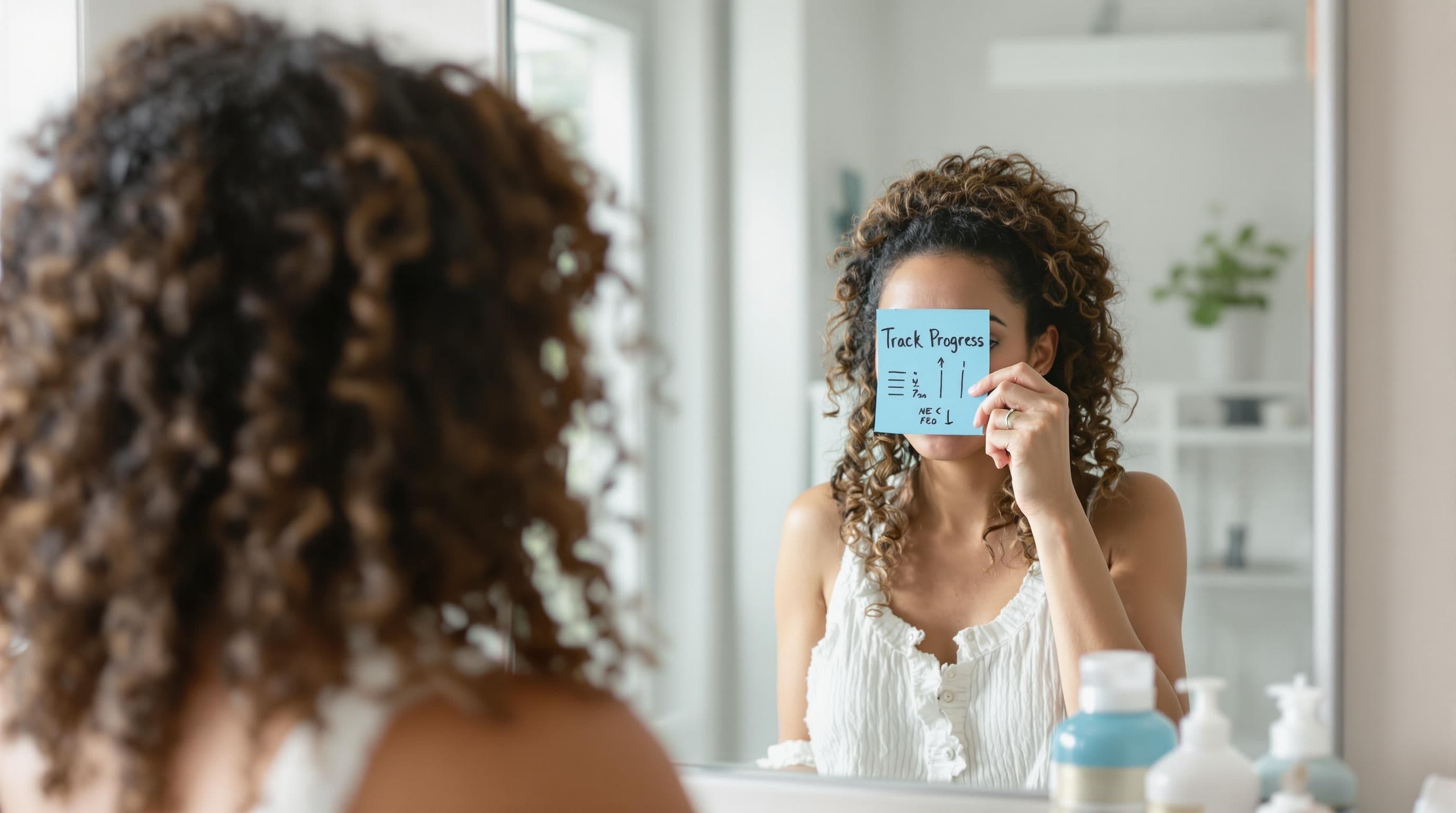 Woman takes scalp photo in mirror with progress note for hair growth