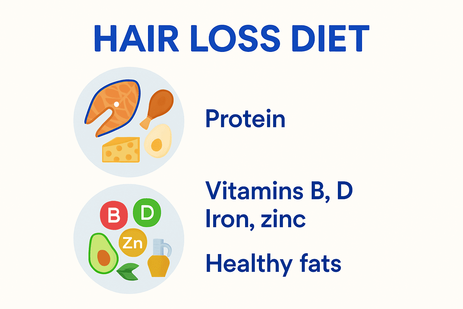 Infographic of essential foods and nutrients for hair loss diet