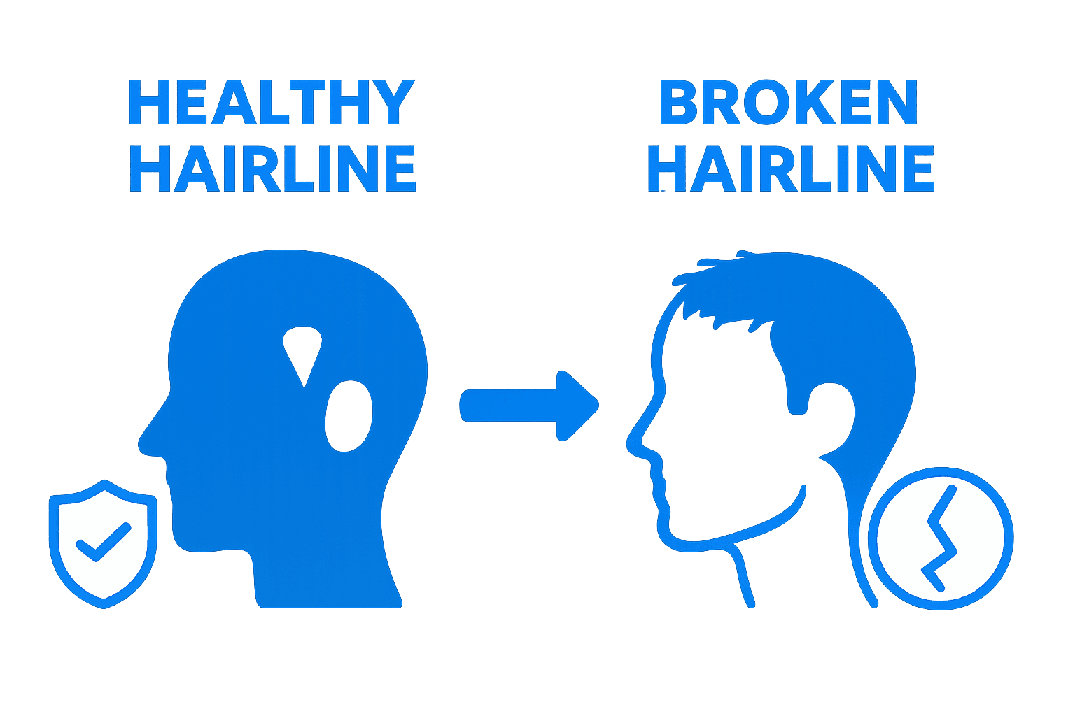 Simple visual comparison of healthy hairline versus broken hairline