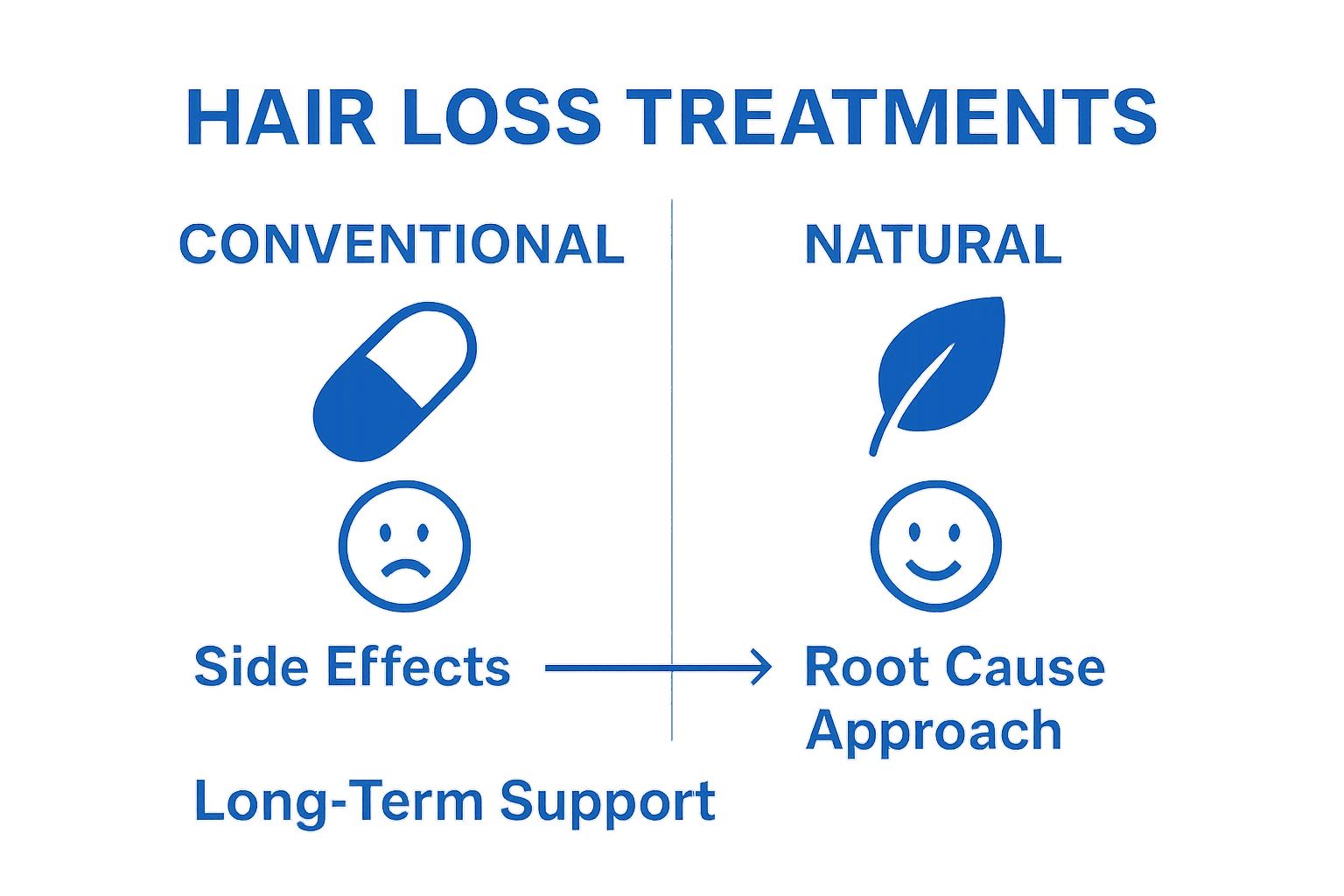 Simple infographic comparing natural herb solutions and conventional hair loss treatments