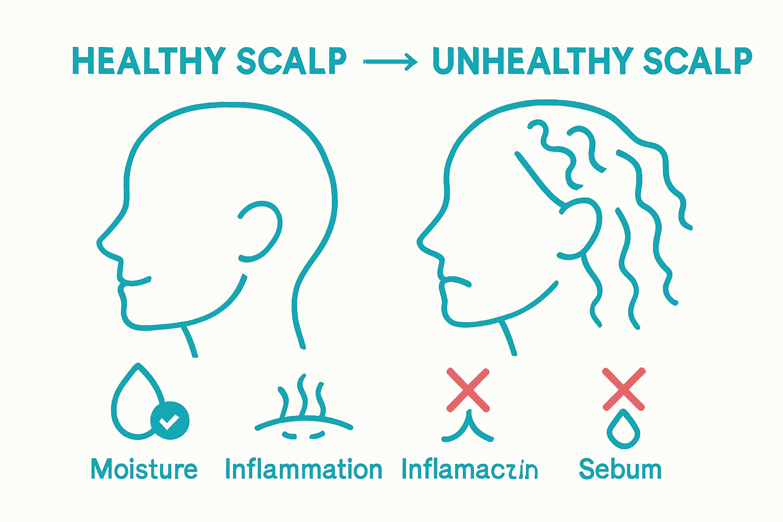 Side-by-side visual comparison of healthy versus unhealthy scalp traits