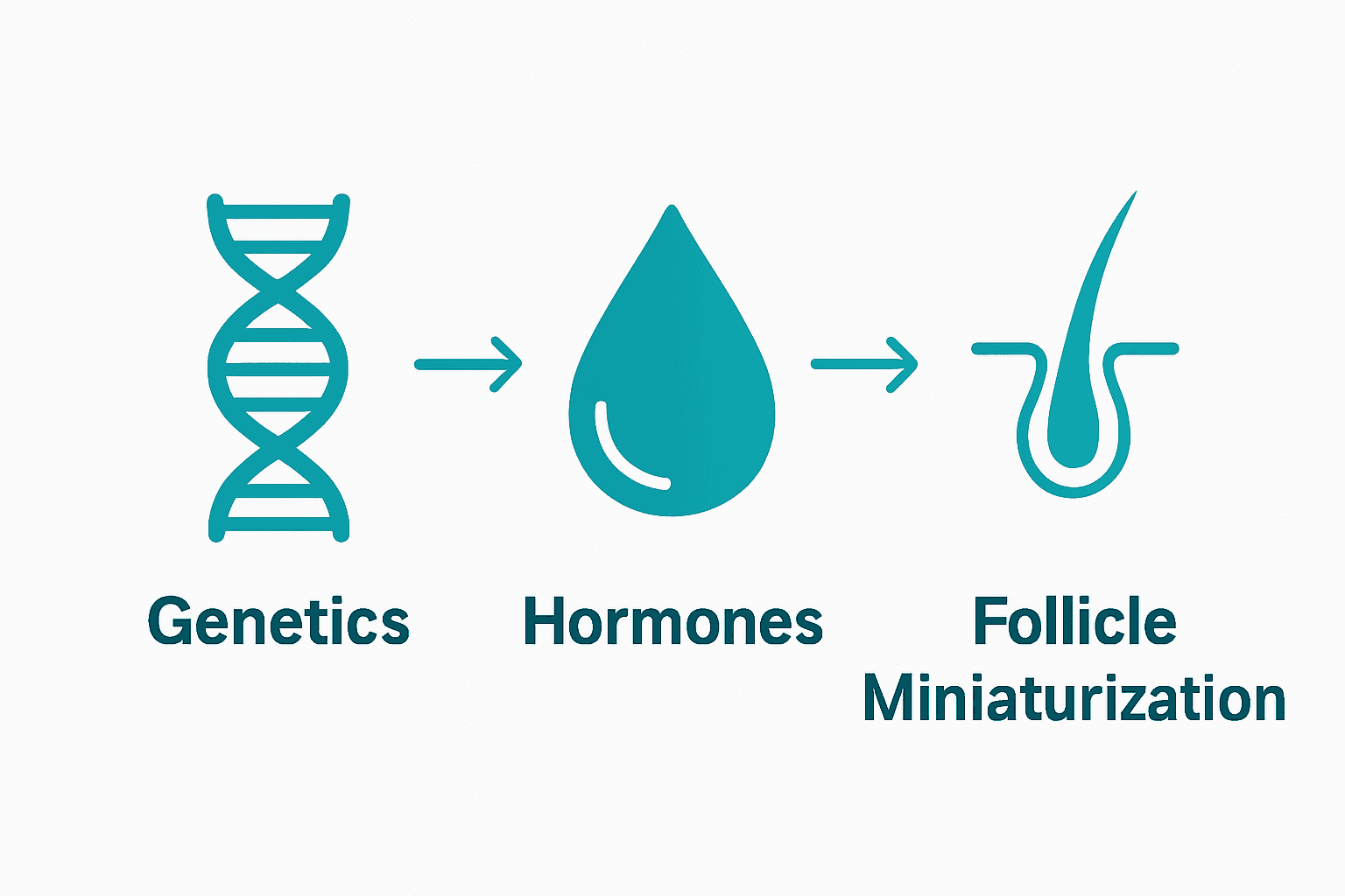 Simple icons show genetics, hormones, and shrinking hair follicle