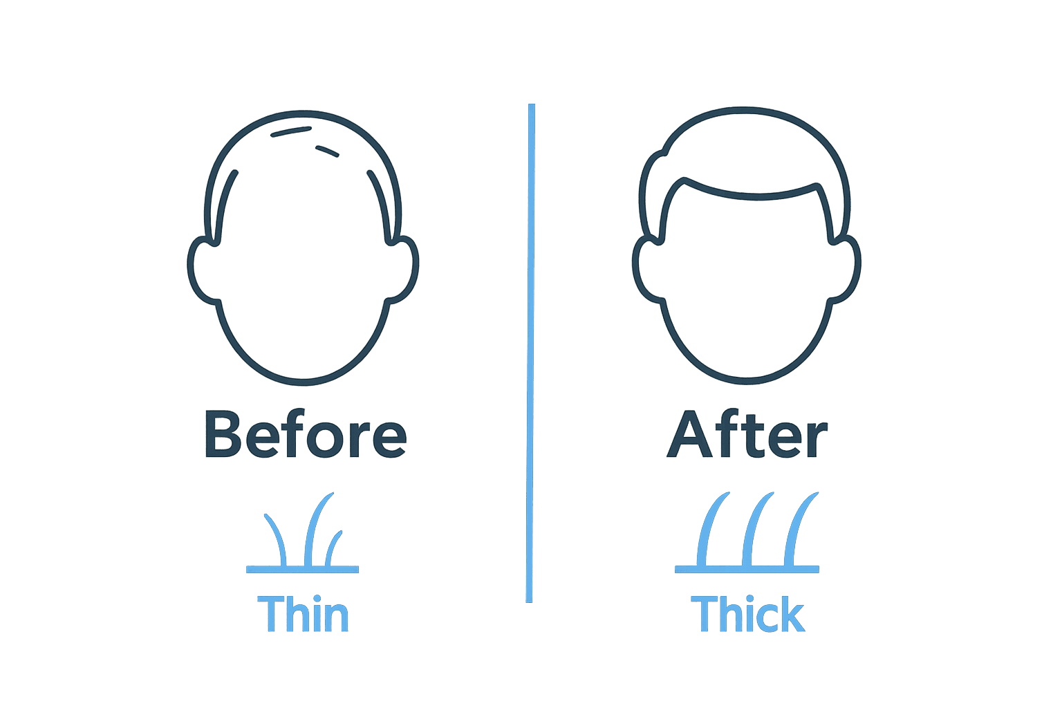Before and after comparison of hair thickness results using natural products