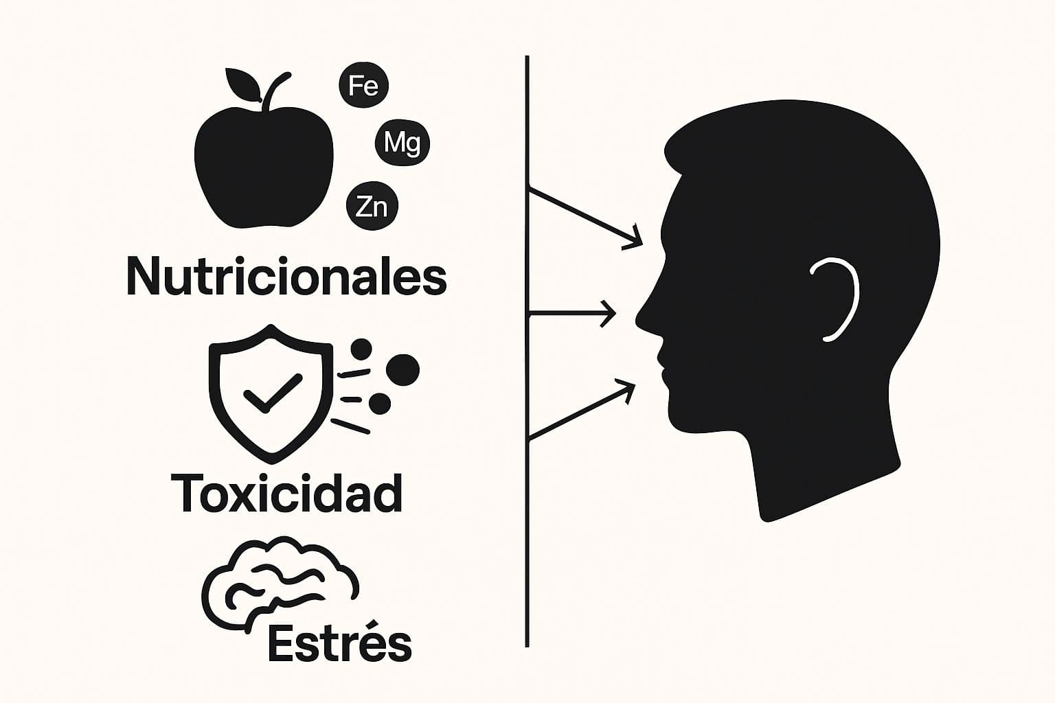 Infographic showing key health factors detected by hair analysis: nutrition, toxicity, and stress