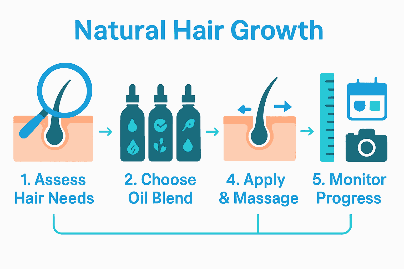 Five step process for natural hair growth using hair oil, with simple icons for each phase.