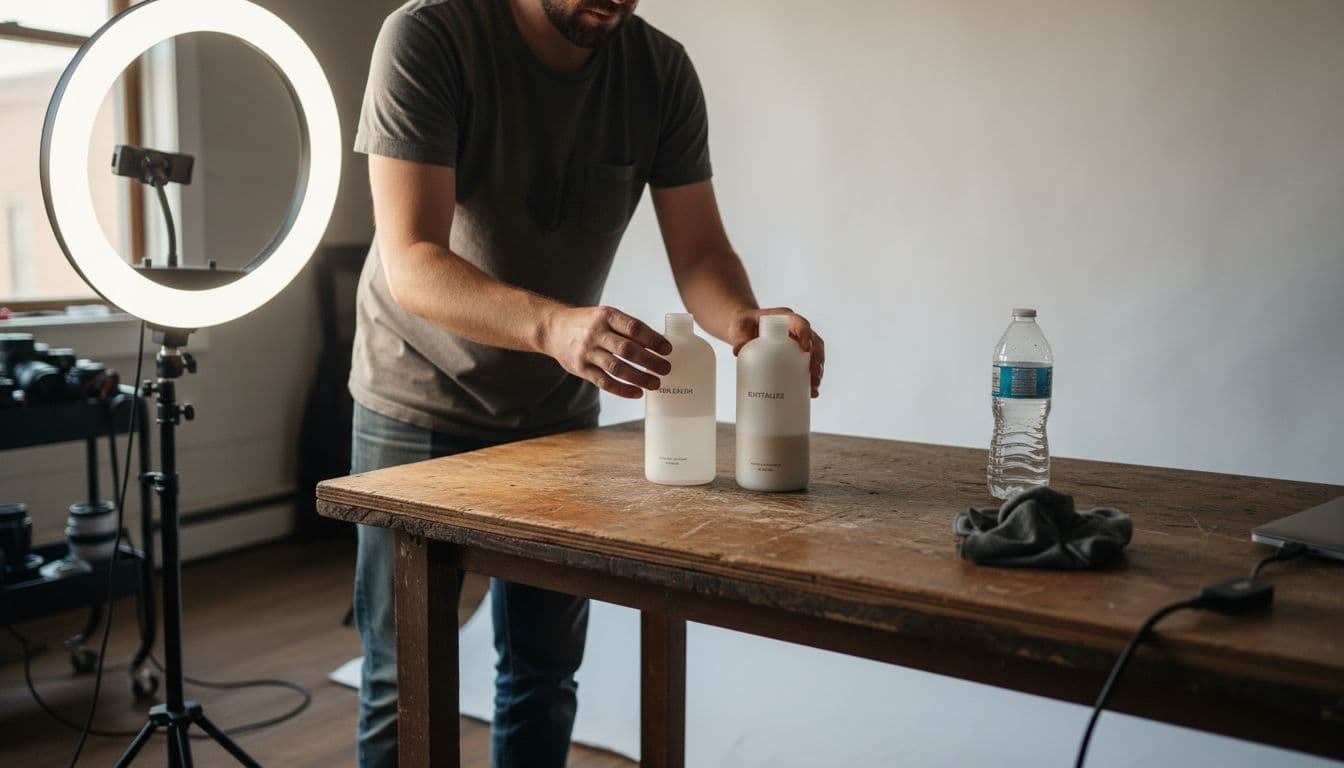 Photographer setting up hair product shoot