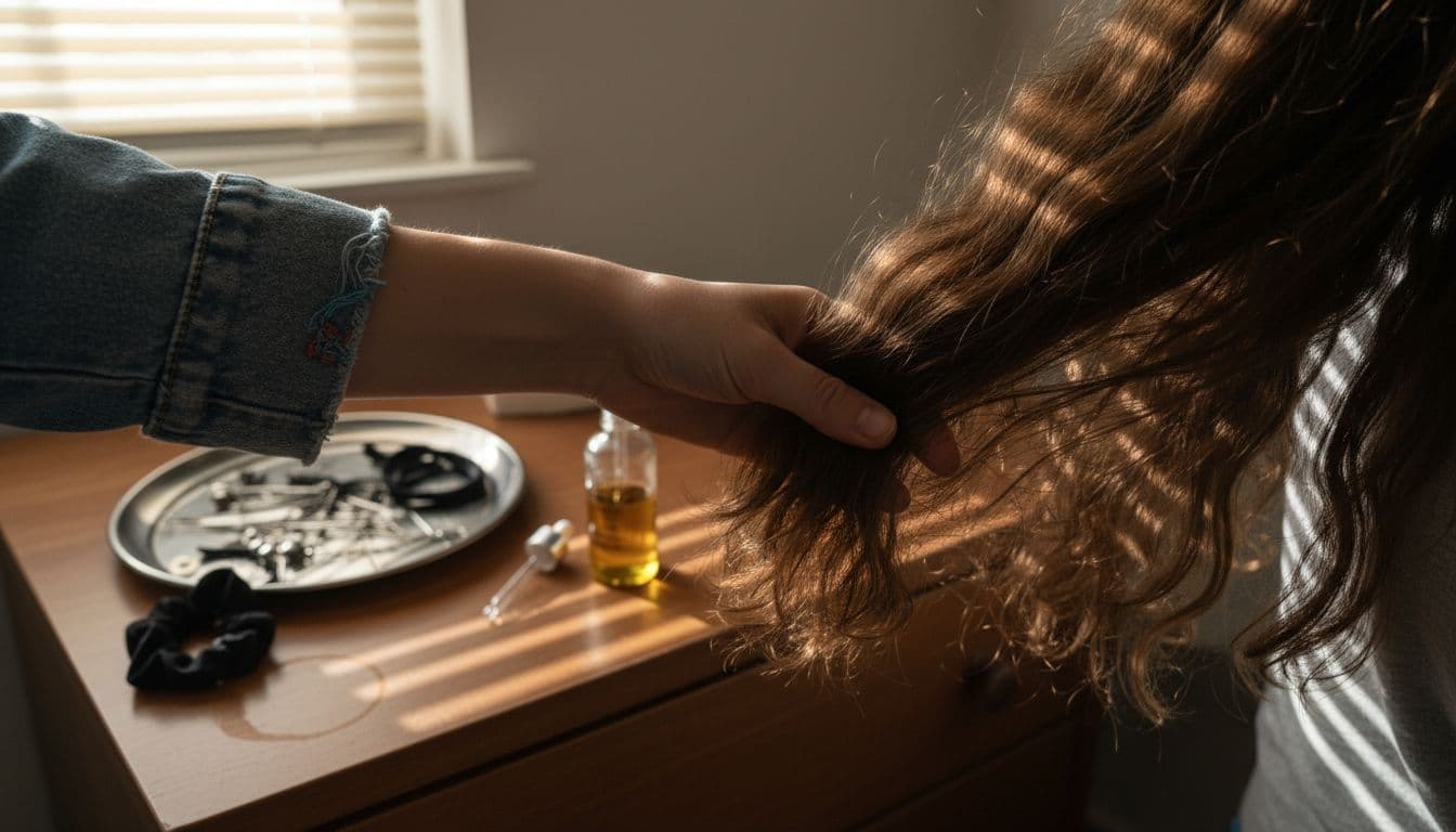 Hand applying argan oil to thick hair