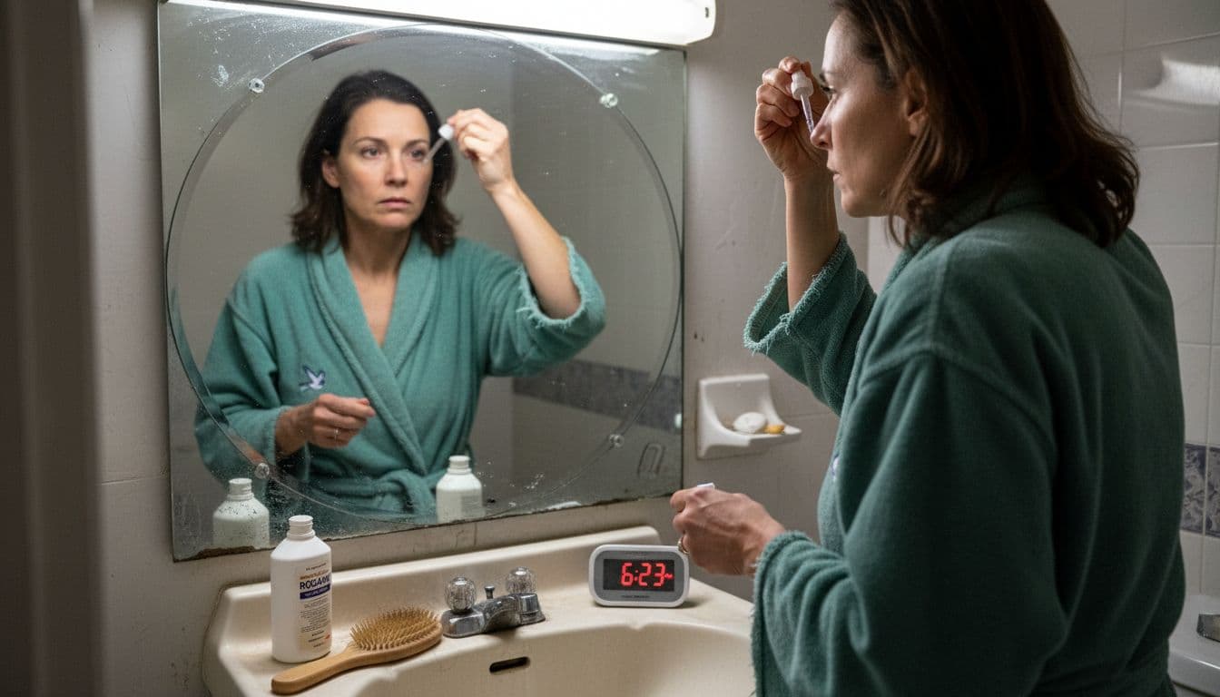 Woman applying hair treatment in bathroom mirror