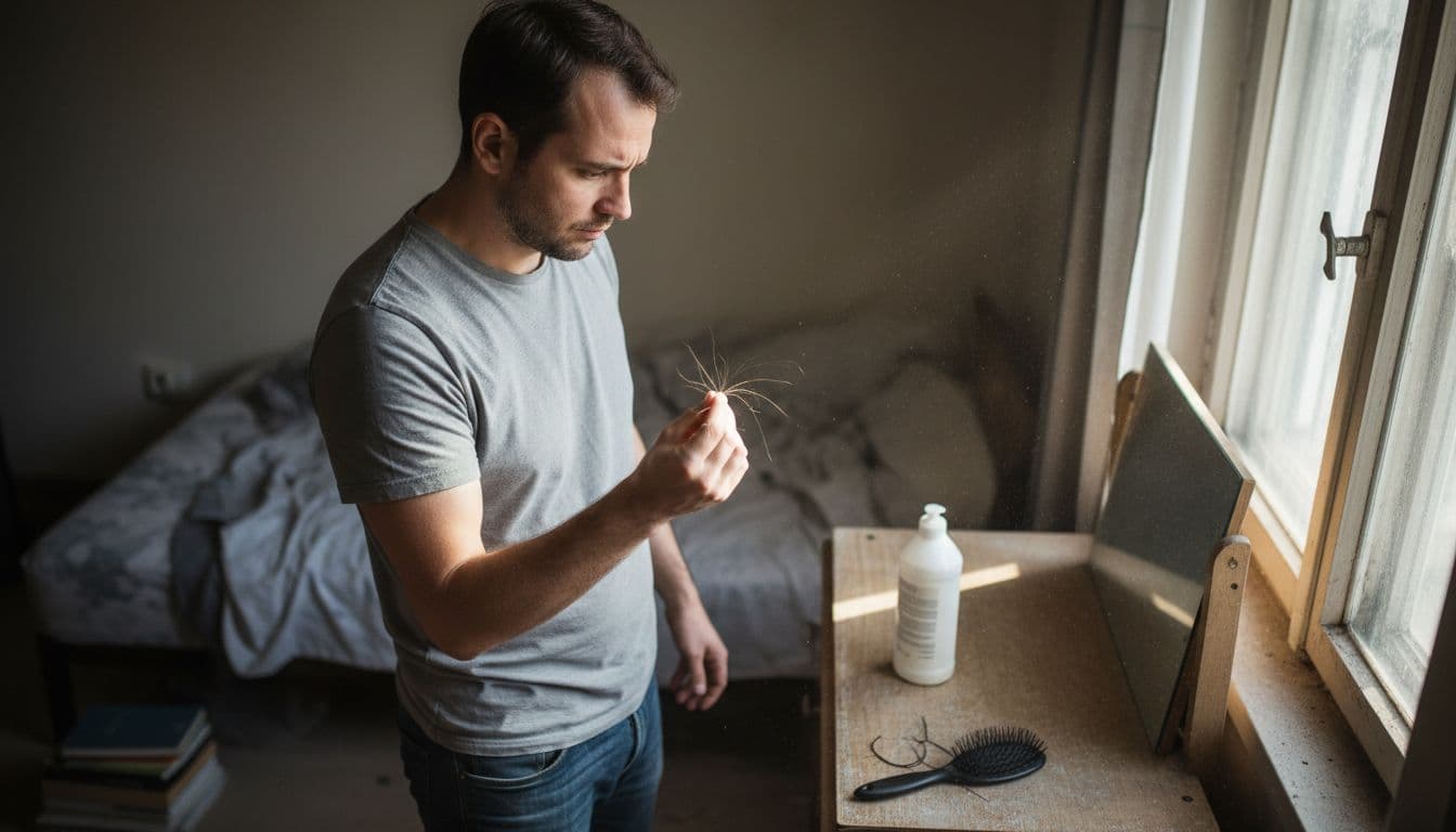 Man examining thinning brittle hair at home