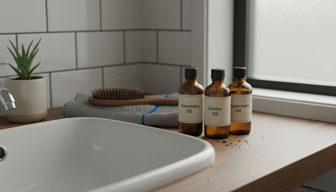 Natural oil bottles on bathroom counter