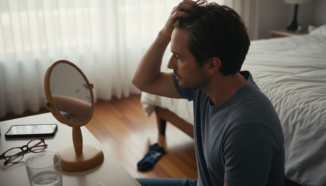 Hombre revisando su cuero cabelludo frente al espejo
