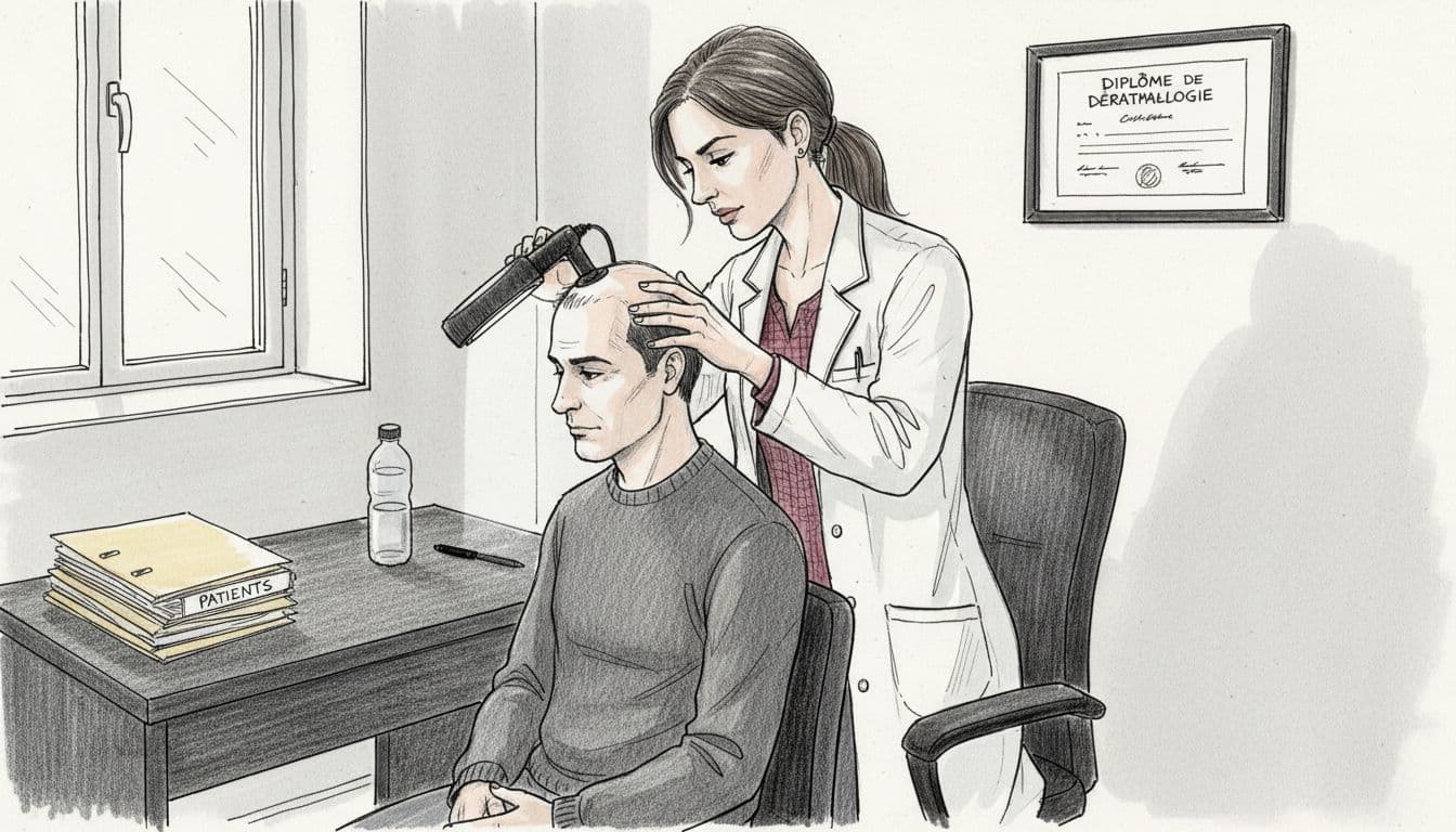 Un médecin ausculte une patiente préoccupée par la perte de ses cheveux.