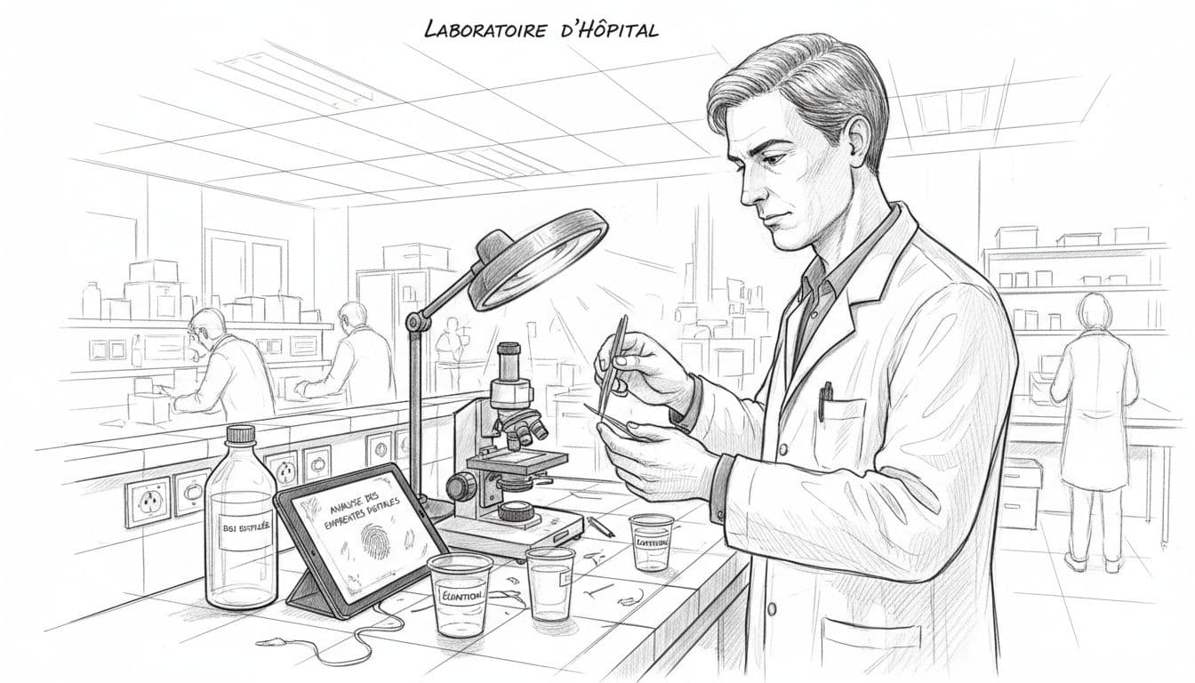 Un technicien de laboratoire examine un échantillon de cheveux à l’aide d’une loupe.