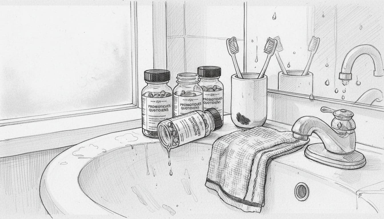 Des flacons de probiotiques posés sur le rebord du lavabo dans la salle de bain