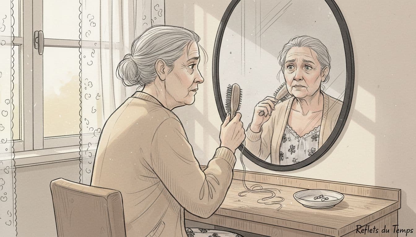 Une femme d’un certain âge se coiffe lentement, passant sa brosse dans ses cheveux fins et argentés.