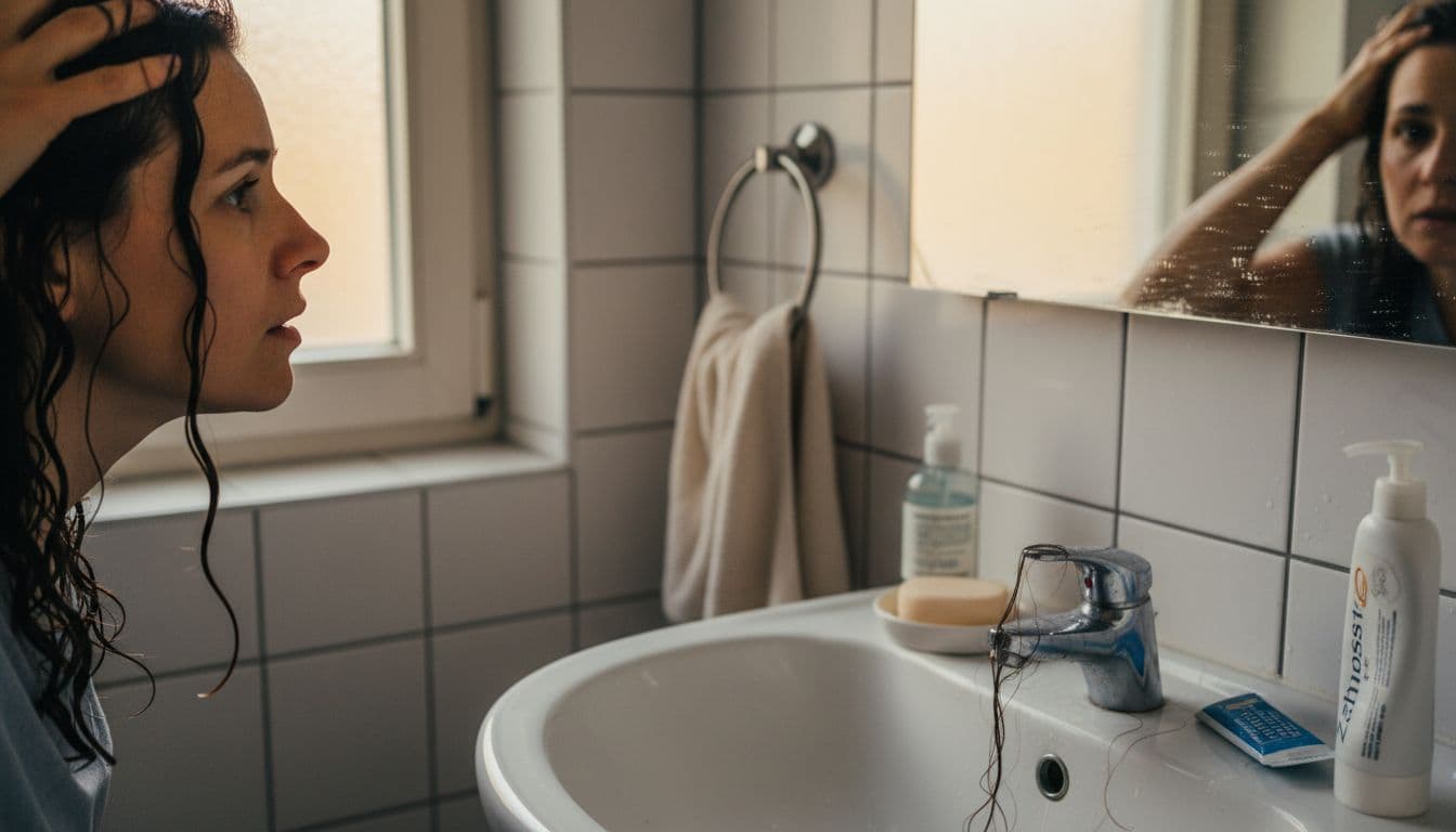 Eine Frau bemerkt beim Händewaschen im Waschbecken vermehrten Haarausfall im Herbst.