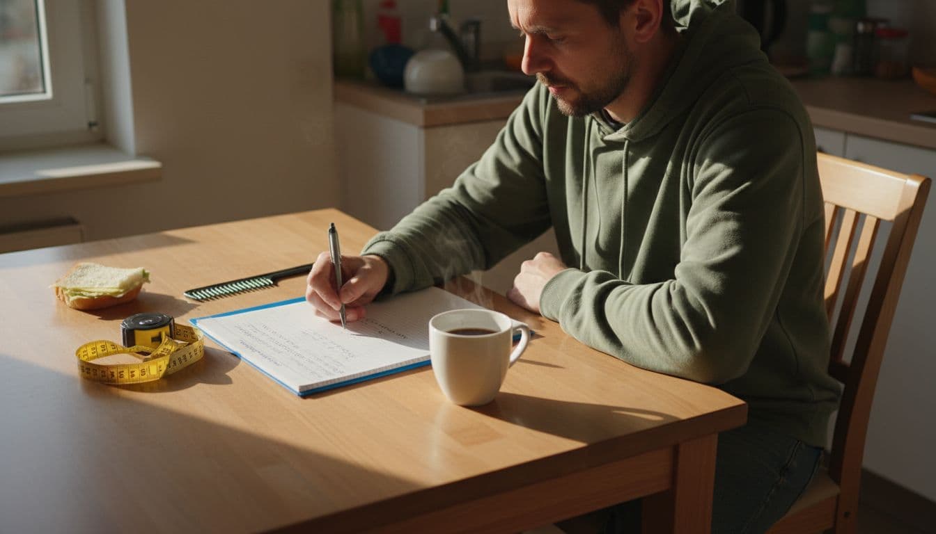 Ein Mann dokumentiert sein Haarwachstum regelmäßig in einem Notizbuch.