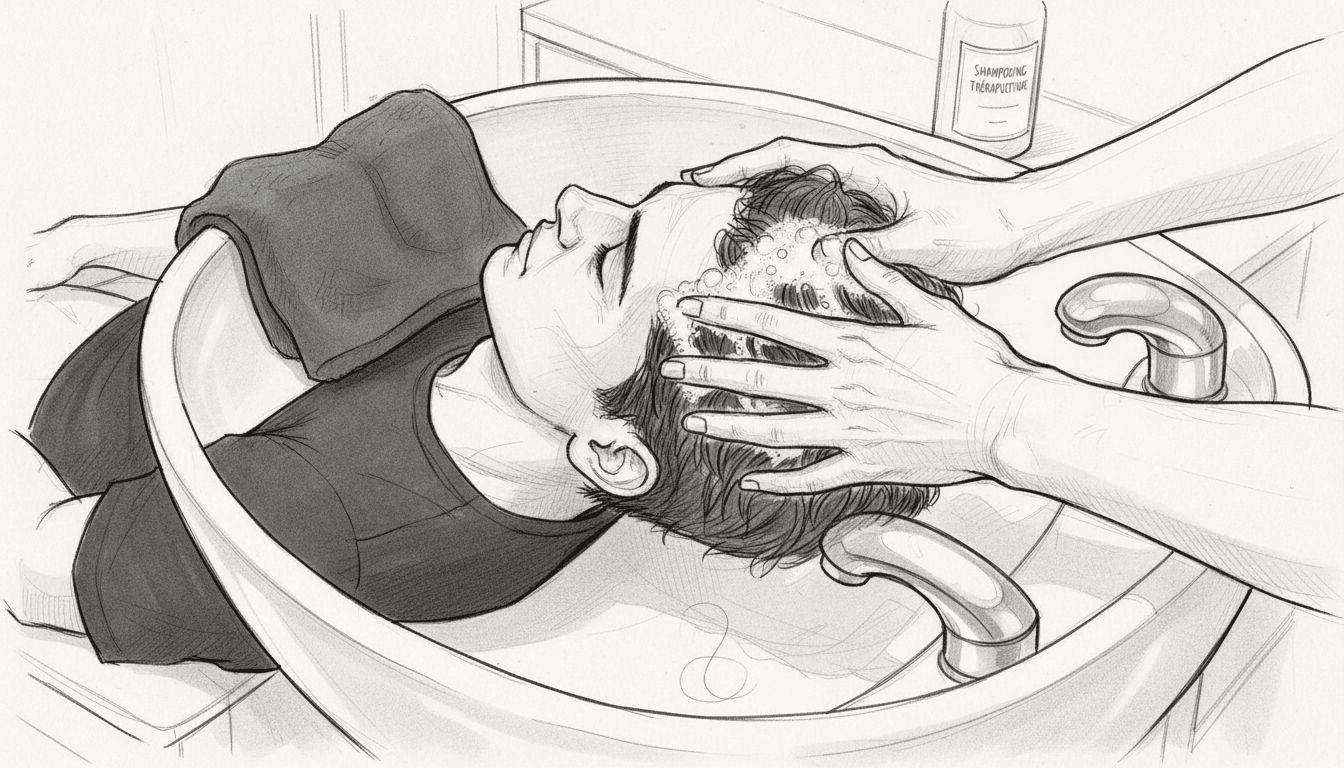 Des mains expertes appliquent un shampooing soin sur le cuir chevelu, offrant un massage relaxant et bienfaisant.