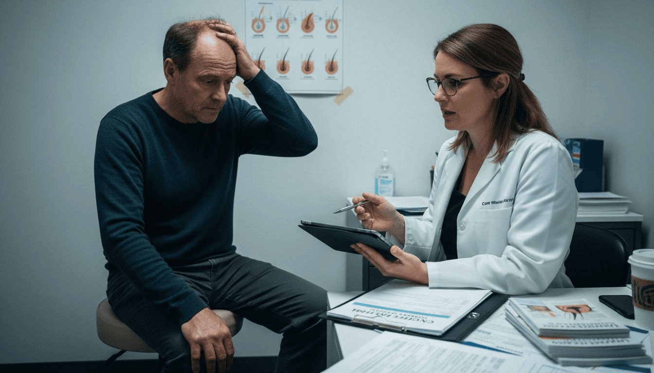 Patient and doctor discuss hair loss treatment